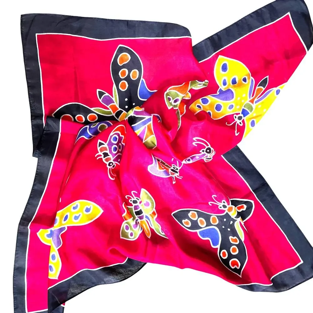 Vintage silk scarf red square black border & mod multi color butterflies motif